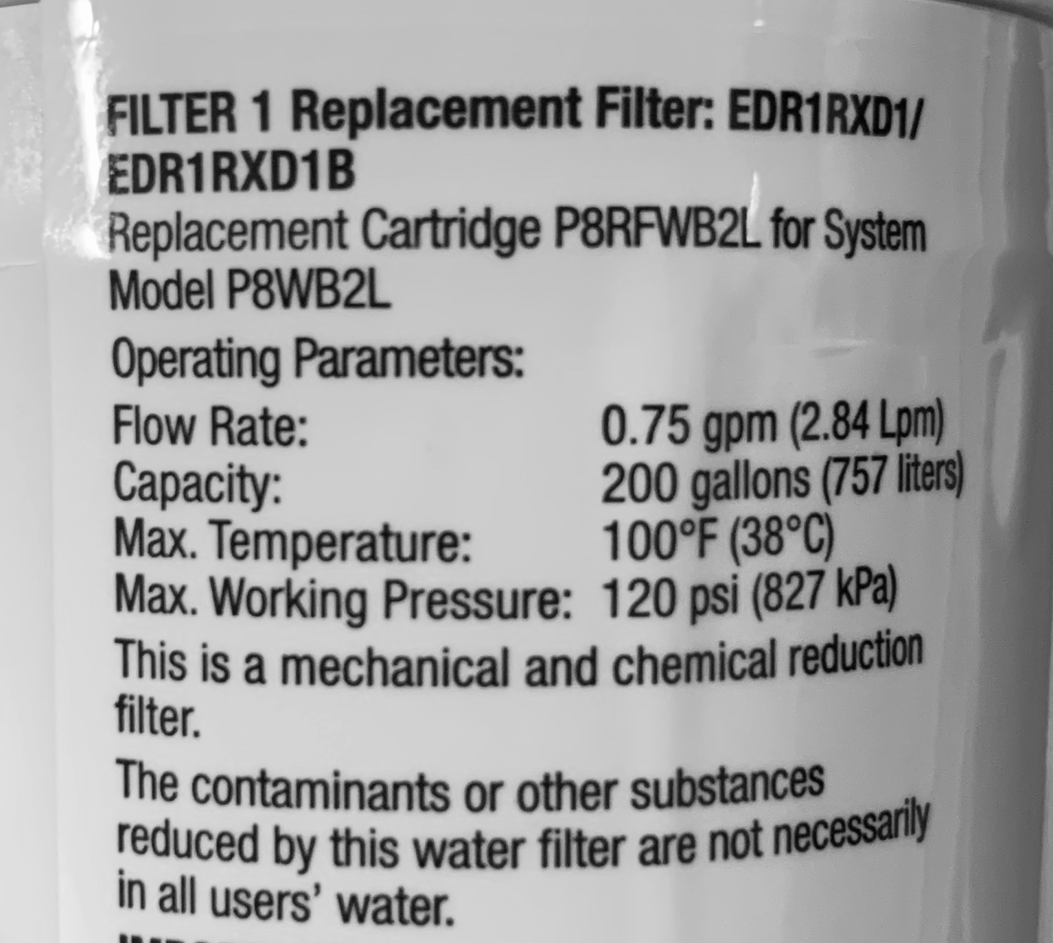 Replacement water filter number on water filter